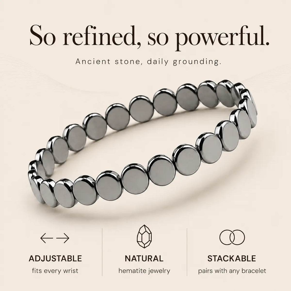 Haima hematite bracelet with an infographic of its key features