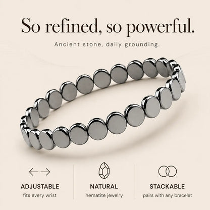Haima hematite bracelet with an infographic of its key features
