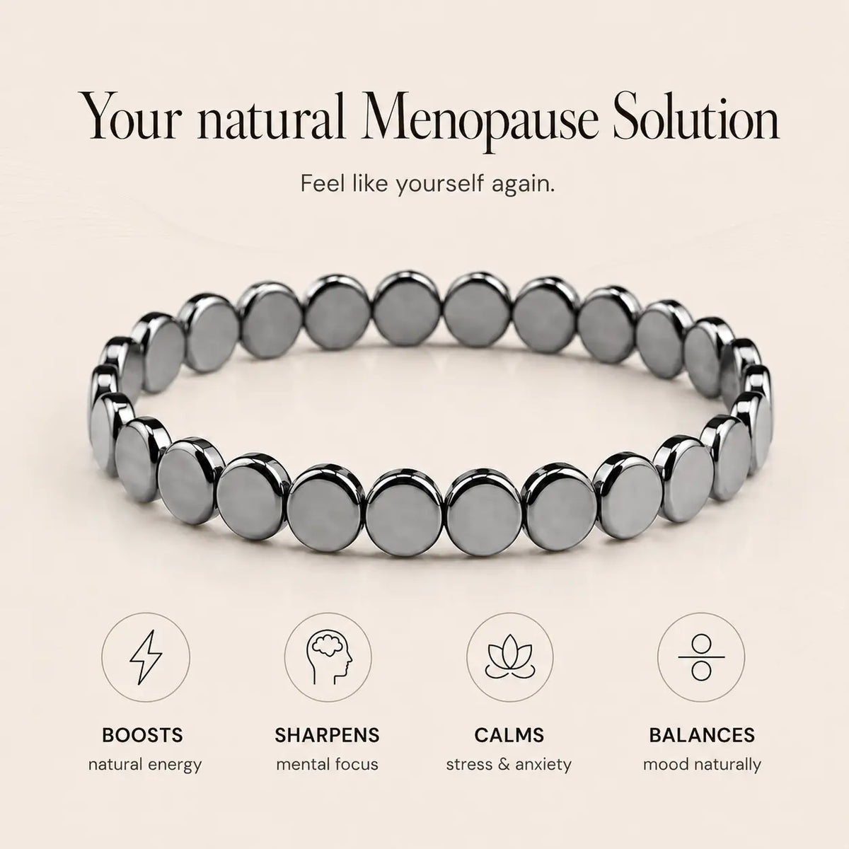 Haima hematite bracelet with text graphic about energy, focus and calm for women in menopause