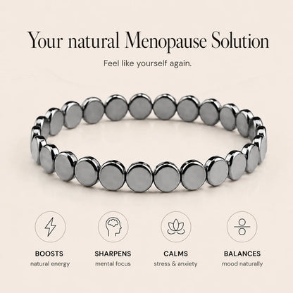 Haima hematite bracelet with text graphic about energy, focus and calm for women in menopause
