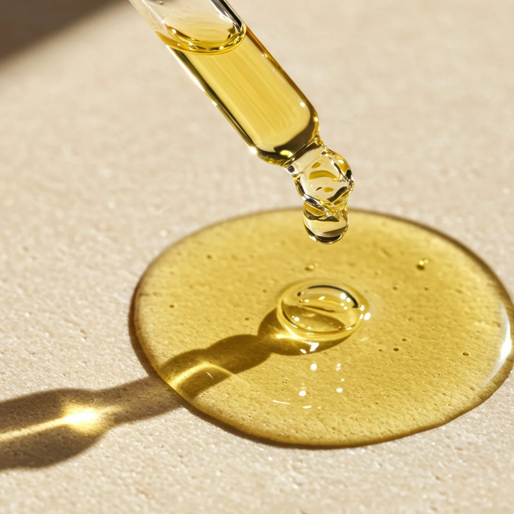a pipette with a drop of jojoba oil on the skin