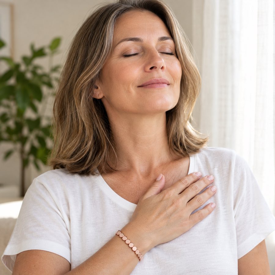 A woman breathing calmly with her hand on her chest, wearing the HAIMA bracelet